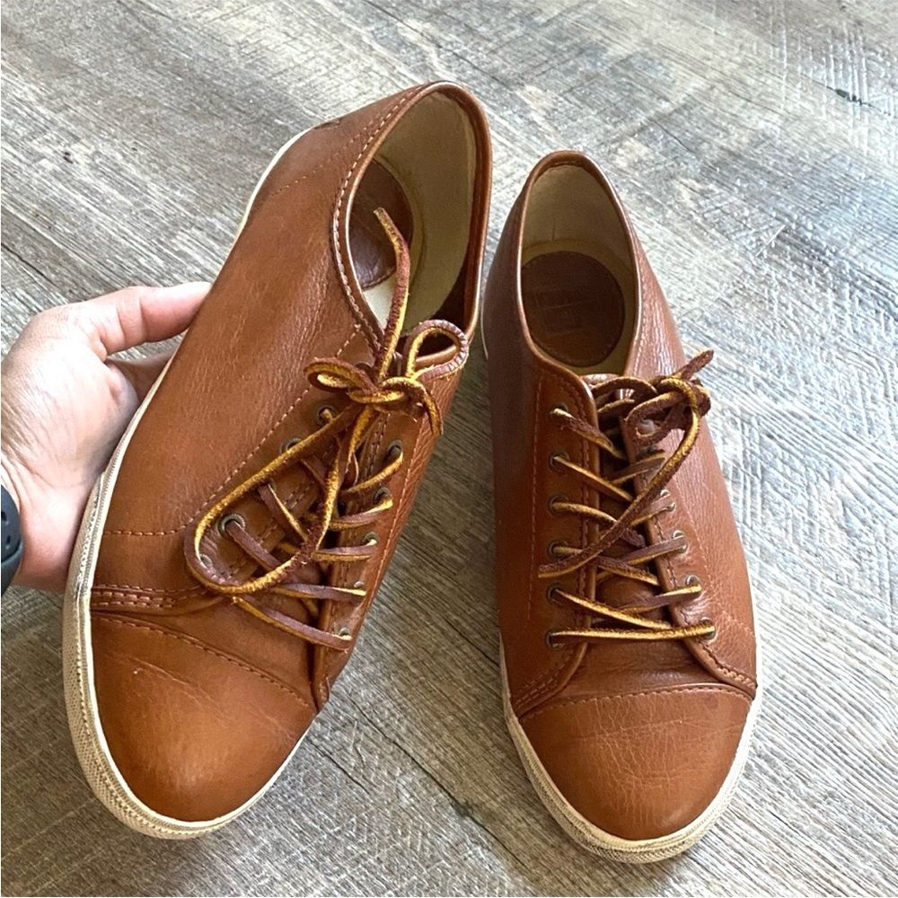 Frye Mindy Mid Low Brown and White Leather Casual Lace Up Sneakers Women's 10M